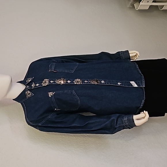 VTG MILANO BAY Cherub Embellished Denim Button Down Shacket Shirt - Picture 2 of 12